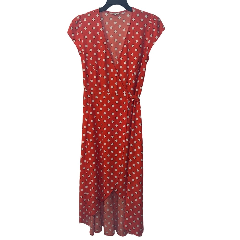 Boden | Antonia Polka Dot Red White Short Sleeve Asymmetric Midi Wrap Dress 8